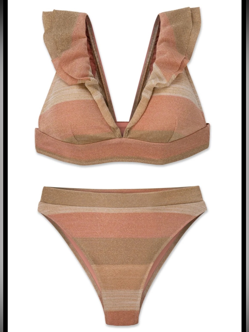 WET Los Angeles 
metallic striped ruffle two-piece  featuring a shimmer Gold